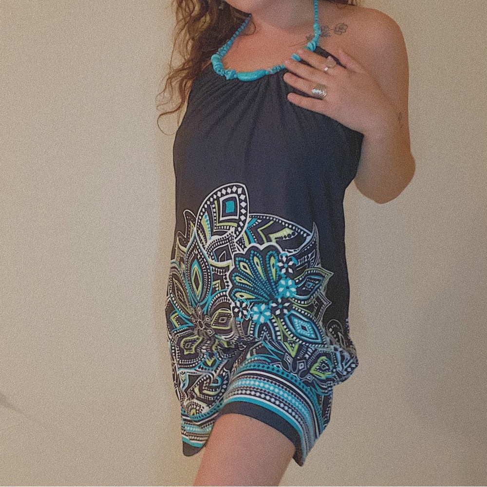 B. DARLIN y2k beaded halter turquoise mini dress!
